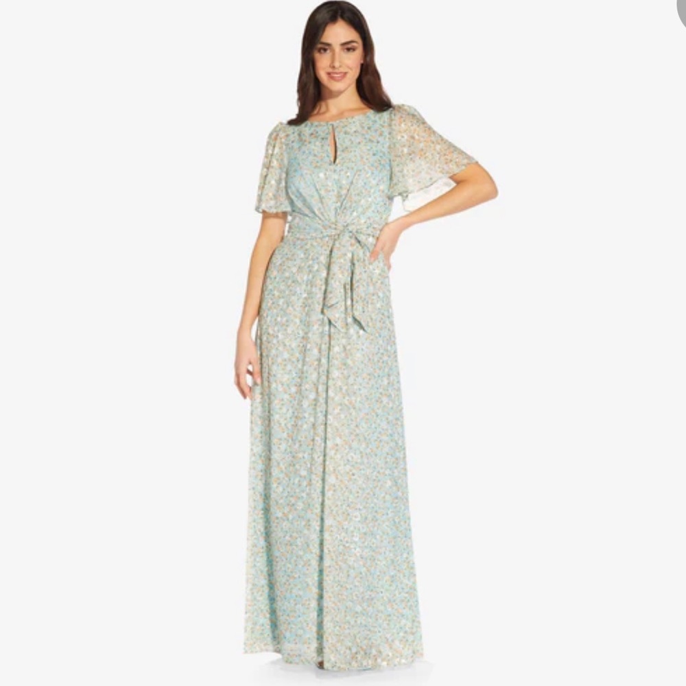 Adrianna Papell Floral Print Round Neck Flutter Sleeve Chiffon Tie A-Line Gown